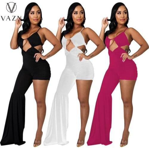 VAZN 2021 INS Chic Ladies Wind Slim Holiday Chiffon Sexy Solid Elegant Joker Halter Women Loose Nature Wide Leg Jumpsuits