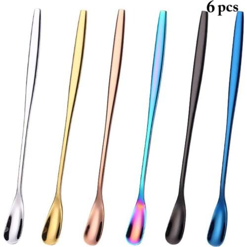 6 Pcs Long Handle Coffee Stir Spoon Stainless Steel Multicolor Dessert Ice Cream Scoops Coffee Sugar Cocktail Mixing Spoons Sets