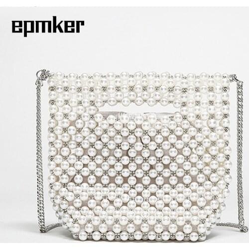 EPMKER Large Clutch Bag Pearls Handbags String Shoulder Bag Chains Crossbody Bags Fashionable Purses and Handbags Composite Bag