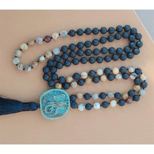 8mm Volcanic Stone 108 Beads Tassel Knotted Necklace Wrist Handmade Elegant Cuff Wristband Healing Bracelet Pray Buddhism Fancy