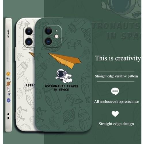 Crescent Astronaut Square Liquid Silicone Case For iPhone 12 11 Pro Max X XR XS MAX SE2020 8 7 6 6S Plus Soft Phone Cover Case