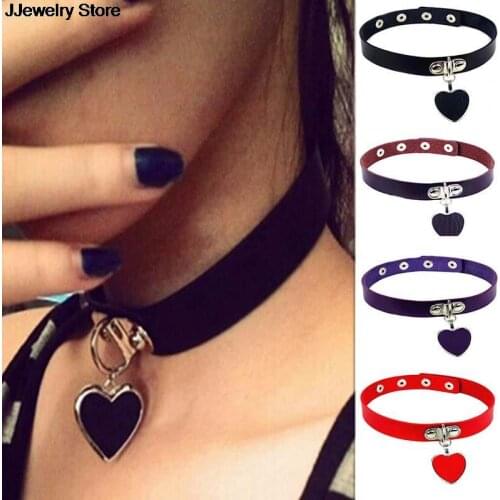 Black Fashion Leather Necklaces Women Jewelry Goth Leather Choker Punk Necklace Vintage Love Heart Pendant