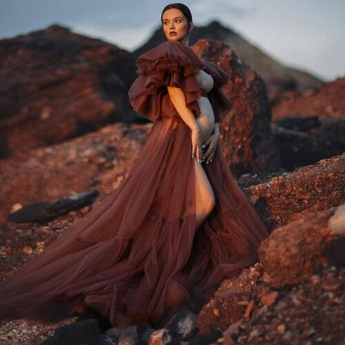 Boho Wine Red Long Tulle Maternity Dress For Photoshoot Women Babyshower Tulle Robe See Thru Women Dresses Open Front