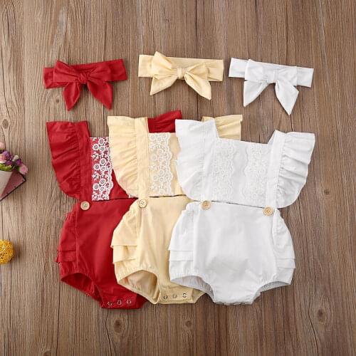 Newborn Baby Girl Clothes Solid Color Lace Ruffle Sleeveless Romper Jumpsuit Headband 2Pcs Outfits Sunsuit Clothes 0-24M