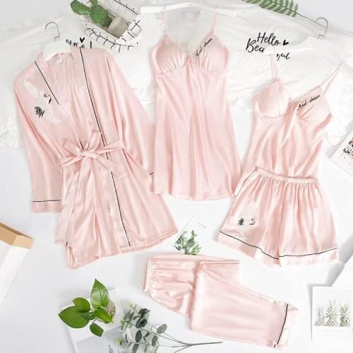 Pink Womens M-XL 5PC Strap Top Pants Suit Pajamas Sleepwear Sets Spring Autumn Home Wear Nightwear Robe Bath Gown