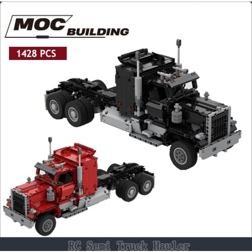 Black RC Semi Truck Hauler Building Blocks Big Red Truck Transport Vehicle High-Tech DIY Toys Children Gifts With Motor