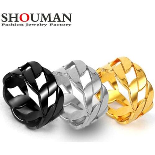 SHOUMAN Cool Punk Chain Shape Stainless Steel Party Ring Black Gold Color for Men Women Fraternal Male Alliance Jewelry