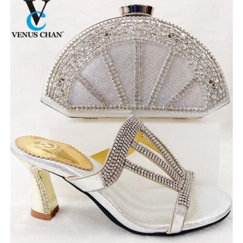 Fashion Decorated With Rhinestone Shoes And Bag Set Nigerian Design Matching Shoes And Bag Set For Wedding Party in Silver