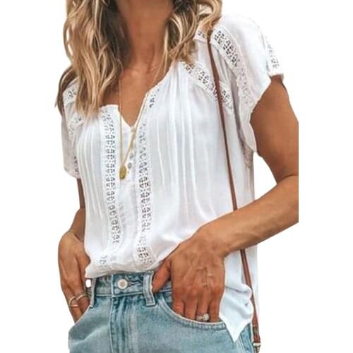 2021 New Ladies V-Neck Blouse,Womens Casual Short Sleeve T-shirt Summer Fashion Solid Color Hollow Loose Pullover Tops