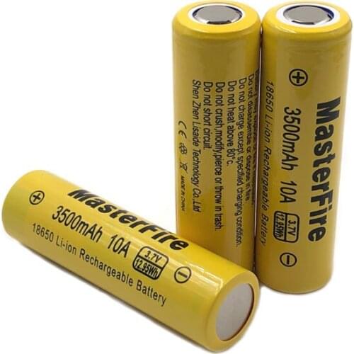 Wholesale MasterFire Original 3500mah 18650 3.7V 12.95Wh 10A Continuous Discharge Rechargeable Lithium Battery Torch Batteries
