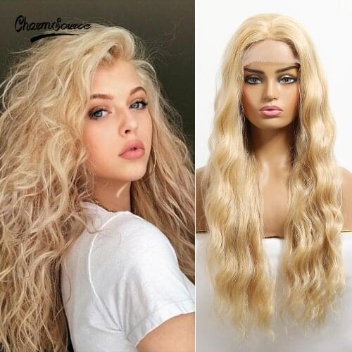 CharmSource Long Cruly Wigs Blonde Hair Lace Front Wig Synthetic for Black White Women Party Cosplay High Density Heat Resistant