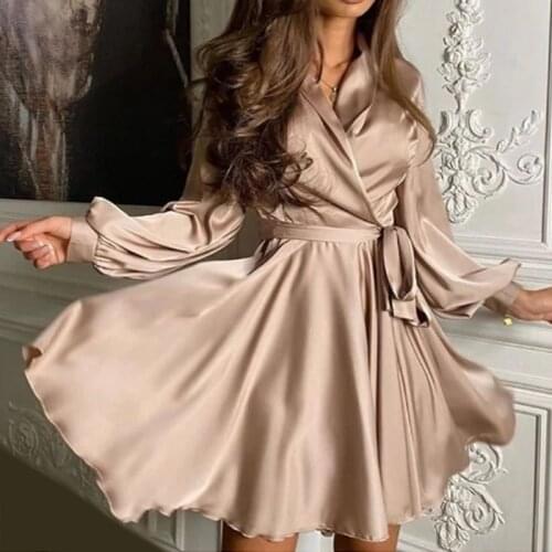 Sexy Satin Sashes A Line Mini Dress Lantern Sleeve Elegant Party Dress 2021 Autumn Fashion Womens Clothing Streetwear Vestidos
