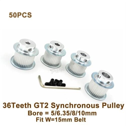 POWGE 50pcs 36 Teeth 2GT Timing Pulley Bore 5/6.35/8/10mm Fit Width 15mm GT2 Synchronous Belt 36T 36Teeth GT2 Pulley