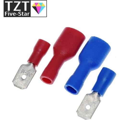 100pcs 50pairs 6.3mm 16-14AWG Female Male Electrical Wiring Connector Insulated Crimp Terminal Spade Blue Red FDFD2-250 MDD2-250