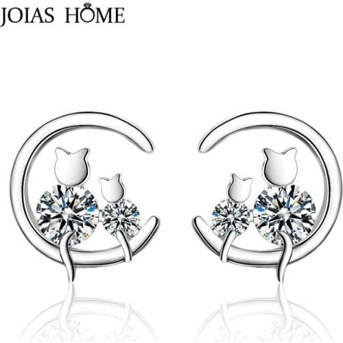 JoiasHome 925 Sterling Silver Earrings Korean Sweet Moon With Couple Cat Ear Studs Fashion Wedding Party Wholesale Gifts