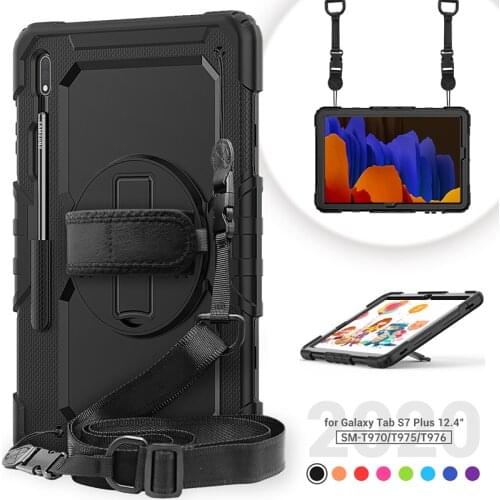 Silicone Case with Shoulder Strap Pencil Slot for Samsung Galaxy Tab S7 Plus 12.4 (2020) T975 T970 Kids Cover+Pen