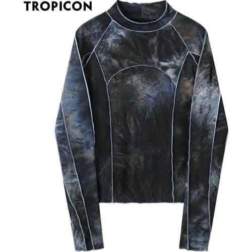 TROPICON Tie Dye Grey Black Turtleneck Woman Tshirts Bodycon Long Sleeve Top Women 2020 Fall Fashion Tee Shirt Femme Clothing