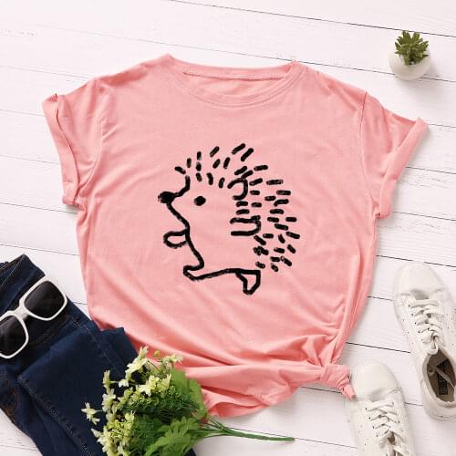 Women Short Sleeve Cotton T-Shirts Cartoon Hedgehog Graphic Tees Summer Tee Tops for Female Loose Casual Oversized Tee Clothes