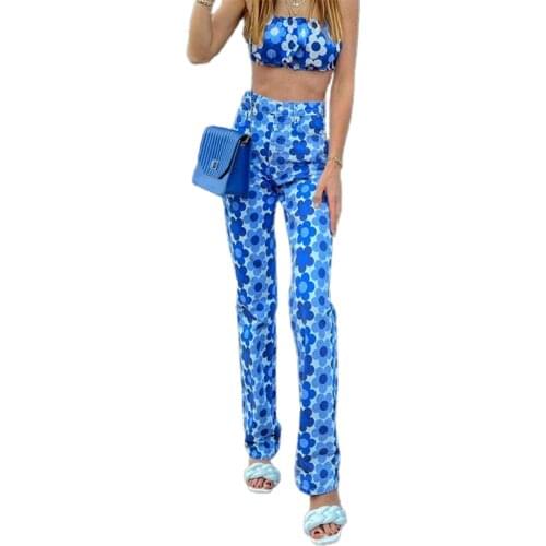 Y2K Womens Straight Leg Jeans Fashion High Waist Floral Print Loose Fit Denim Pants