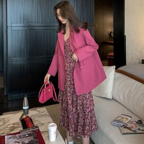 Women 2021 Summer New Elegant Two Piece Sets Female Blazers + Sling Printing Chiffon Dresses Suit Ladies Jacket Dress Set R162