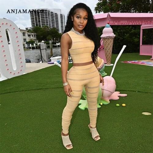 ANJAMANOR Fall 2021 Womens Fashion Striped Printed Sexy Two Piece Set Crop Top and Pants Leggings Clubwear Wholesale D46-CD26