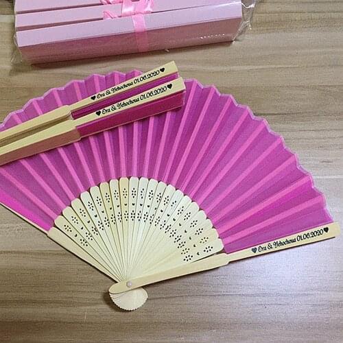 100PCS Customized Wedding Fold Fan Silk Printing Bride & Grooms Name and Date Personalized Hand Bamboo Promotional Gift Fan