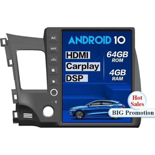 4+64G Android 10.0 Tesla Style Big Screen Car Multimedia Player For Honda civic 2008-2011 car GPS HIFI Navi Head unit Auto Radio