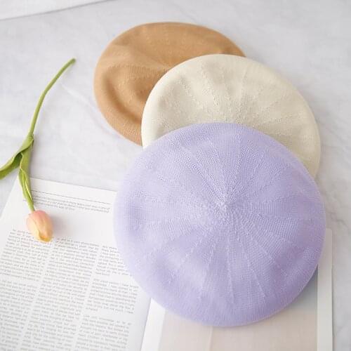 New Design 9 Colors Summer Women Beret Thin Breathable Knitted Female Solid French Hat Cooling Flat Cap Painter Beret