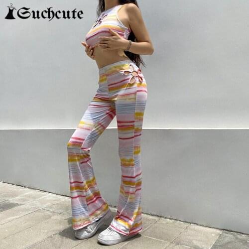 SUCHCUTE Streetwear y2k Striped Womens Straight Pants Gothic Sexy Flower Hollow Out Trousers For Female 2021 Aesthetic Joggers