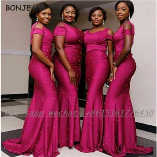 Wine Red Bridesmaid Dresses 2021 Mermaid Off-The-Shoulder Elastic Satin African Bridesmaid Dress Plus Size for Women Wedding