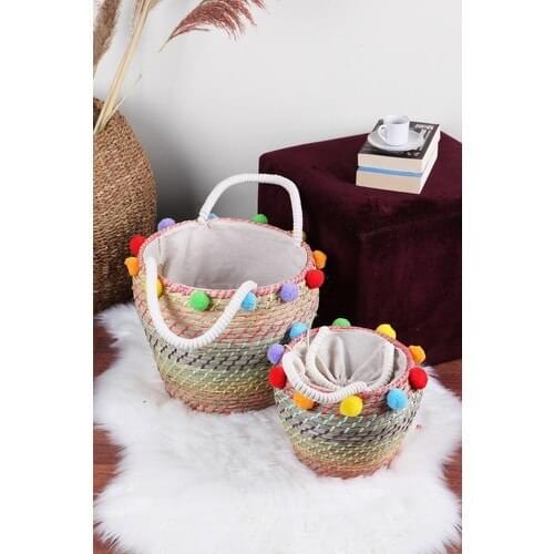 Emorfo Wicker Laundry Basket With Rope Handle Set of 2'li Decorative Pompom Multi-Purpose Wicker Basket