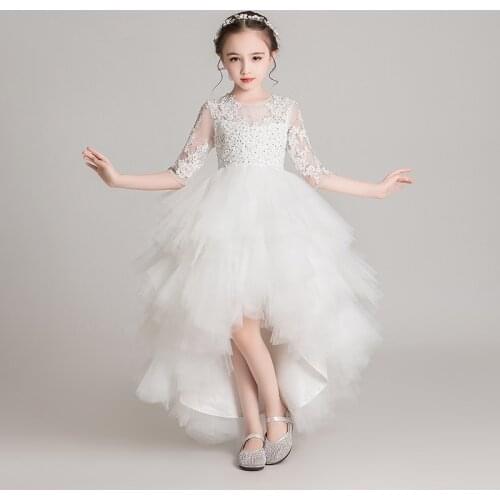 Exquisite Chapel Train White Puffy Flower Girl Dresses with Half Sleeves First communion Performance Show Birthday Dress