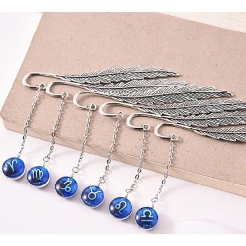 Noctilucence Glass Twelve Constellations Metal Feather Bookmark Student Gift Book Sign Book Accessories Marks