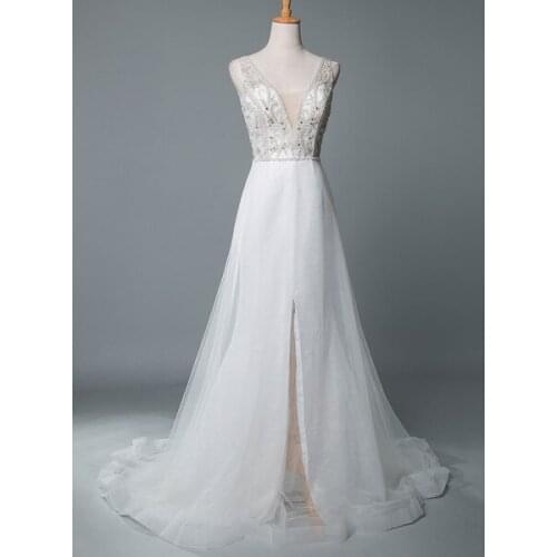 Beach Wedding Dress A Line Sleeveless V Neck High Split Floor Length Backless Sexy Bridal Gown