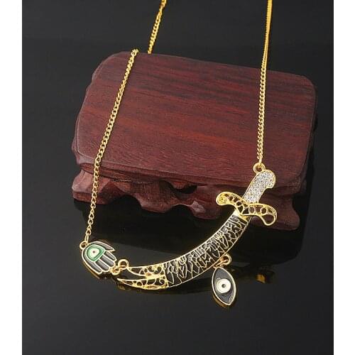 RJ Turkey Evil Eye Necklace Imam Ali Retro Gold Sword Hamsa Hand Fatimah Zahra Pendant Chain Cosplay Jewelry Gift