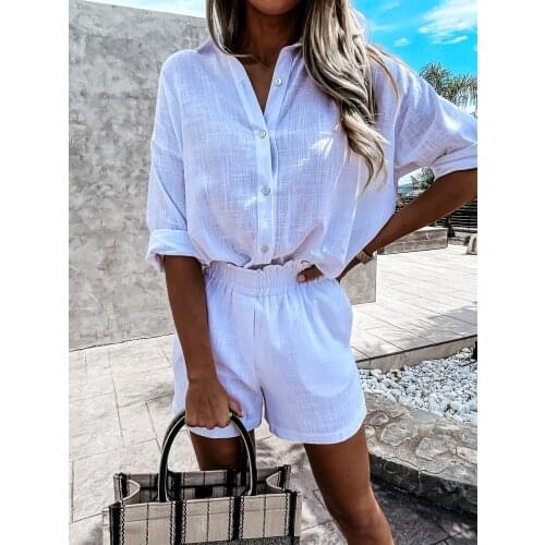 Cotton and linen long-sleeved shirt top and loose high waist mini shorts new two-piece casual wear sportswear ladies shorts set