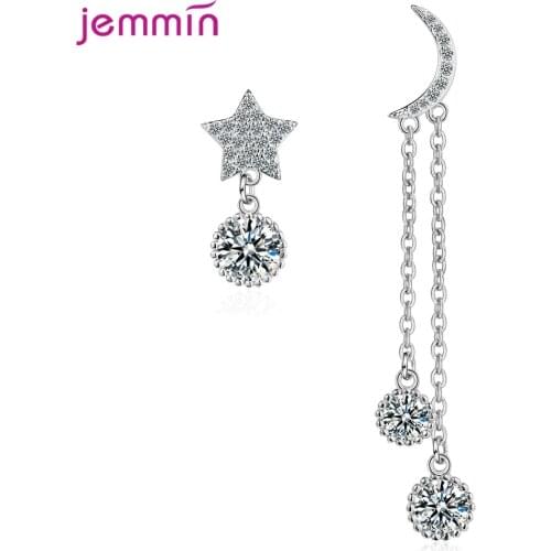 100% 925 Silver Earrings For Women Asymmetry AAA Shiny Cubic Zircon Moon Star Shape Sterling Jewelry Wedding Gift