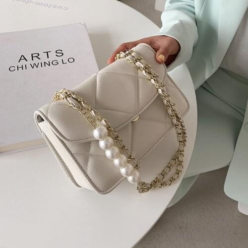 High Quality Ladies Rhombic Embroidery Thread Messenger Bag 2021 New Korean Version of Pearl Chain One Shoulder Underarm Bagg