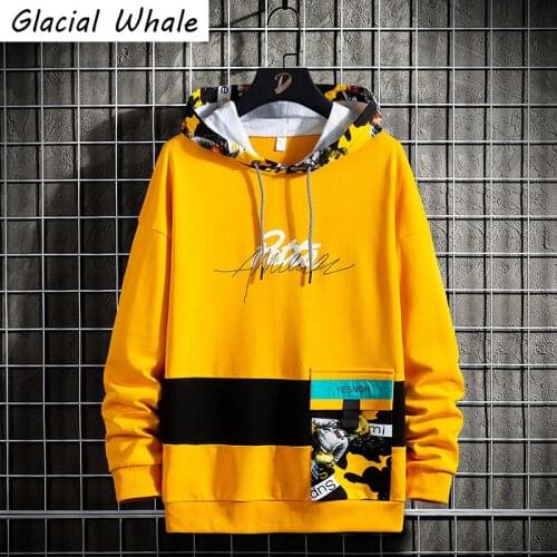 GlacialWhale Mens Hoodies Men 2021 New Patchwork Sweatshirt Harajuku Japanese Streetwear Oversized Yellow Hoodie Men Sweatshirts