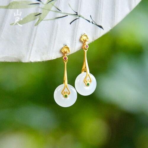 Wanyu Jade Peace Buckle Natural Hetian Jade White Jade Earrings Earrings 925 Sterling Silver Classical Atmosphere Gift for
