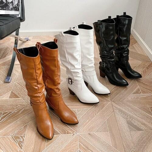 YQBTDL Winter 2020 Fashion Womens Shoes High Heel Boots Black White Brown Mid Calf Buckle Long Western Cowboy Boots for Women