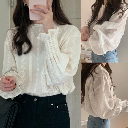 Women Long Sleeve Lantern Sleeve Floral Lace O-Neck Casual Tops Shirts