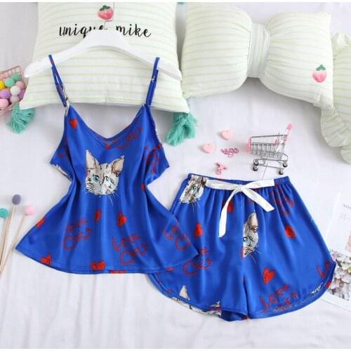 Daeyard Cat Printed Stain Womens Pajamas Sets Sexy Lingerie Slings And Shorts Cute 2Pcs Pyjama Summer Casual Homewear Sleepwear
