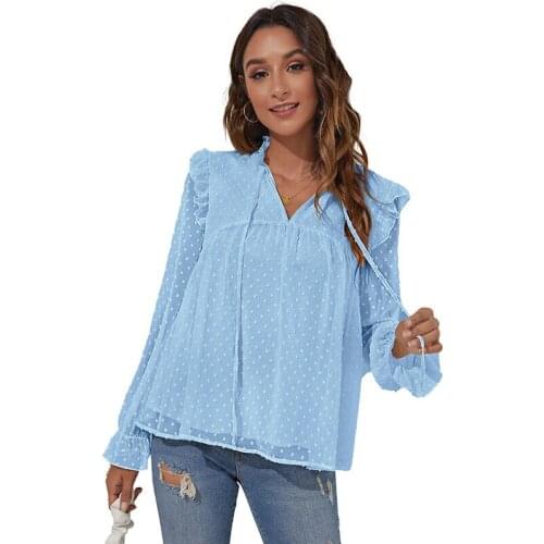 Elegant Autumn Pullover Tops Women V-Neck Jacquard Long Butterfly Sleeve Chiffon Blouses Simple Casual Loose Ruffles Black Shirt