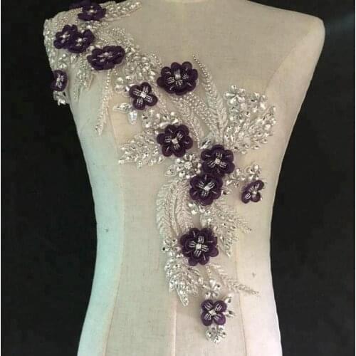 1 pair Purple Exquisite 3D Rhinestone Beaded Bridal Lace Applique for Wedding Sash Bridal Hair Flower