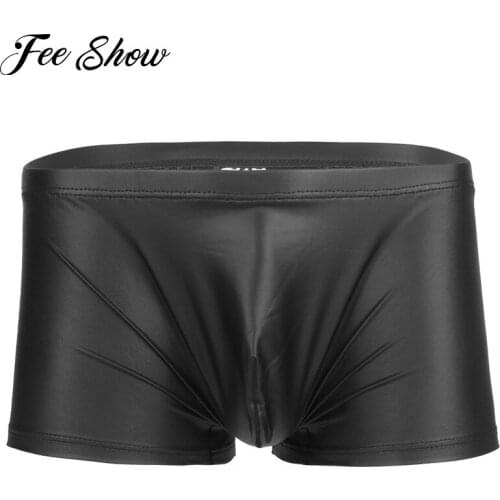 Sexy Mens Boxer Lingerie Patent Leather Boxer Shorts Underwear Underpants with Bulge Pouch Gay Lingerie Slim Cut Boxer Underwear