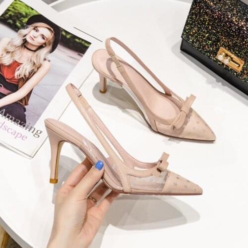 Summer stiletto high-heeled net yarn color matching pointed bow sandals large size small size party dress all-match womens shoe