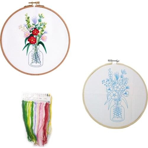 Flower DIY Embroidery Kit Pattern Printed Cross Stitch Bamboo Hoop Needlework Sewing Art Painting Material Package Home Decor