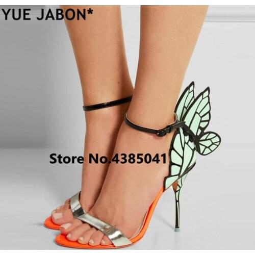 YUE JABON Design Butterfly Wings Sandals Women Sexy Stiletto Patent Leather Party Dress Open Toe Buckle High Heels Platform Shoe