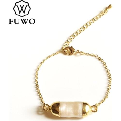 FUWO Elegant Pearl Bar Bracelet with Gold Trimmed Freshwater Pearl Bracelet Jewelry Gift For Women BR513